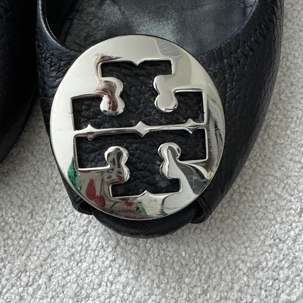 Tory Burch Sally Peep Toe Wedge Black with Silver Logo - Picture 4 of 9